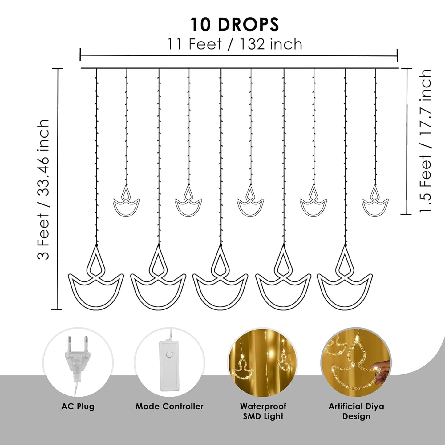 HindSutra™ 10-Diya Fairy Curtain Lights